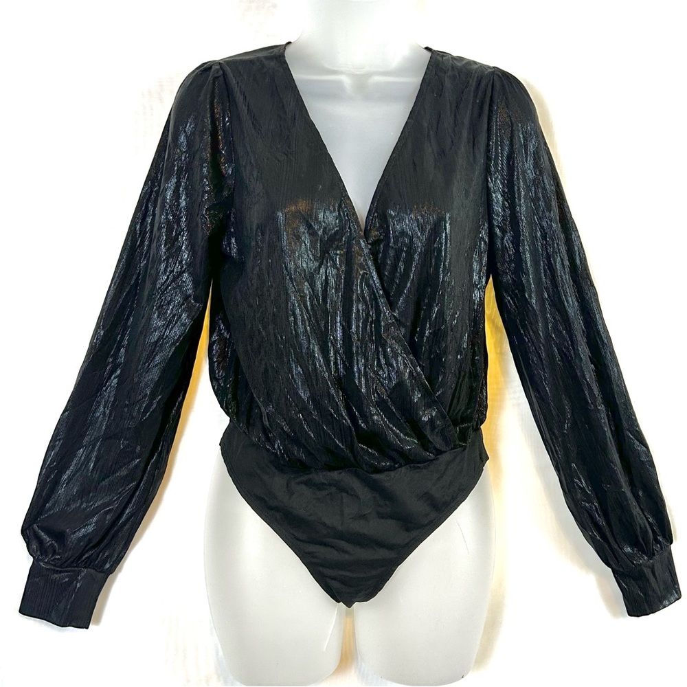 Black Semi Sheer Plunge Neckline Woman’s bodysuit / Small